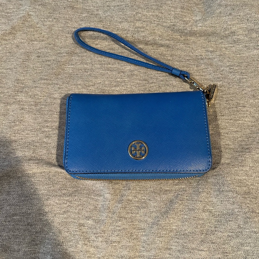 Tory Burch Blue Wristlet with Gold Logo